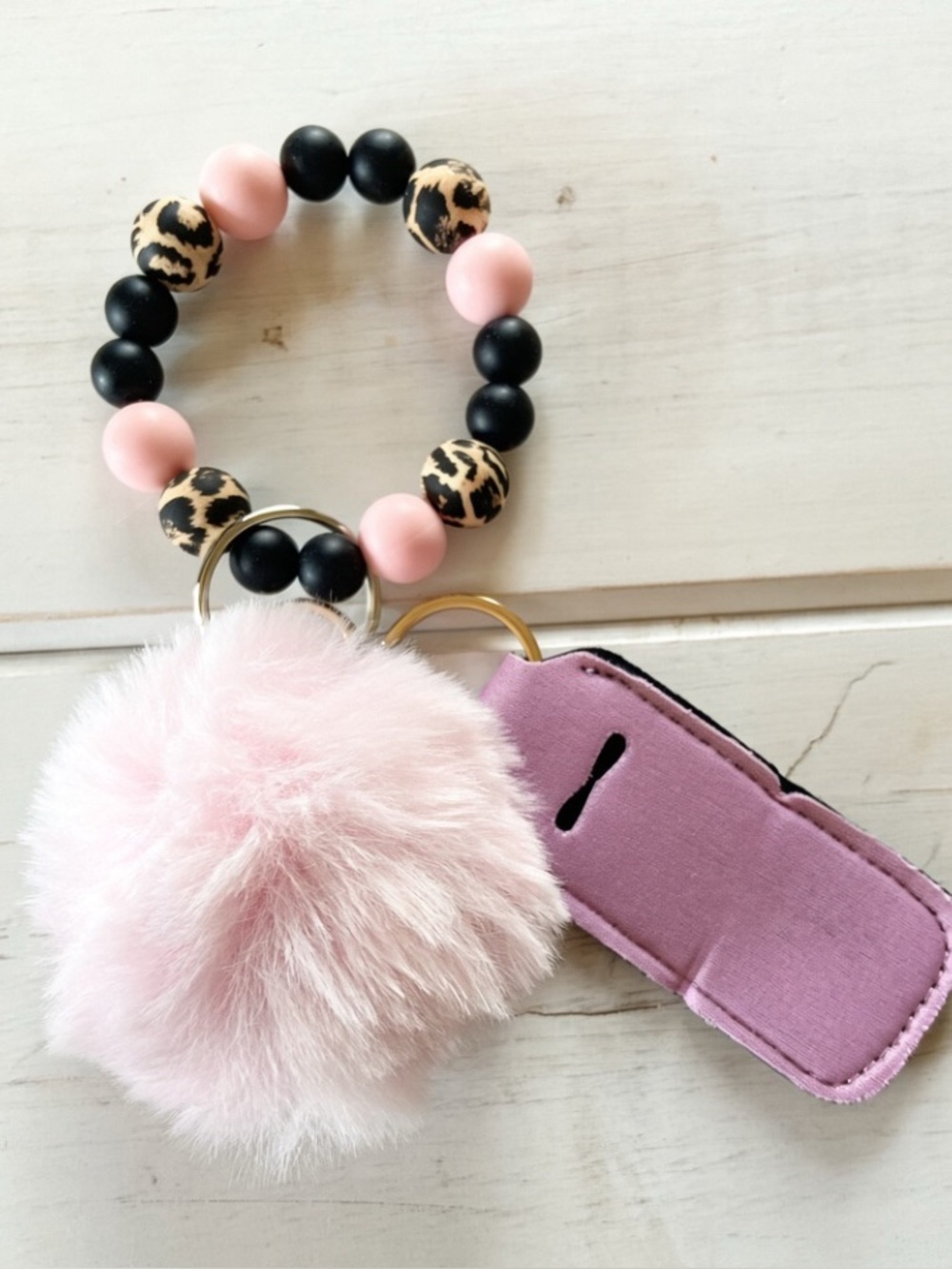 Leopard Print Beaded Keychain Bracelet with Pom Pom